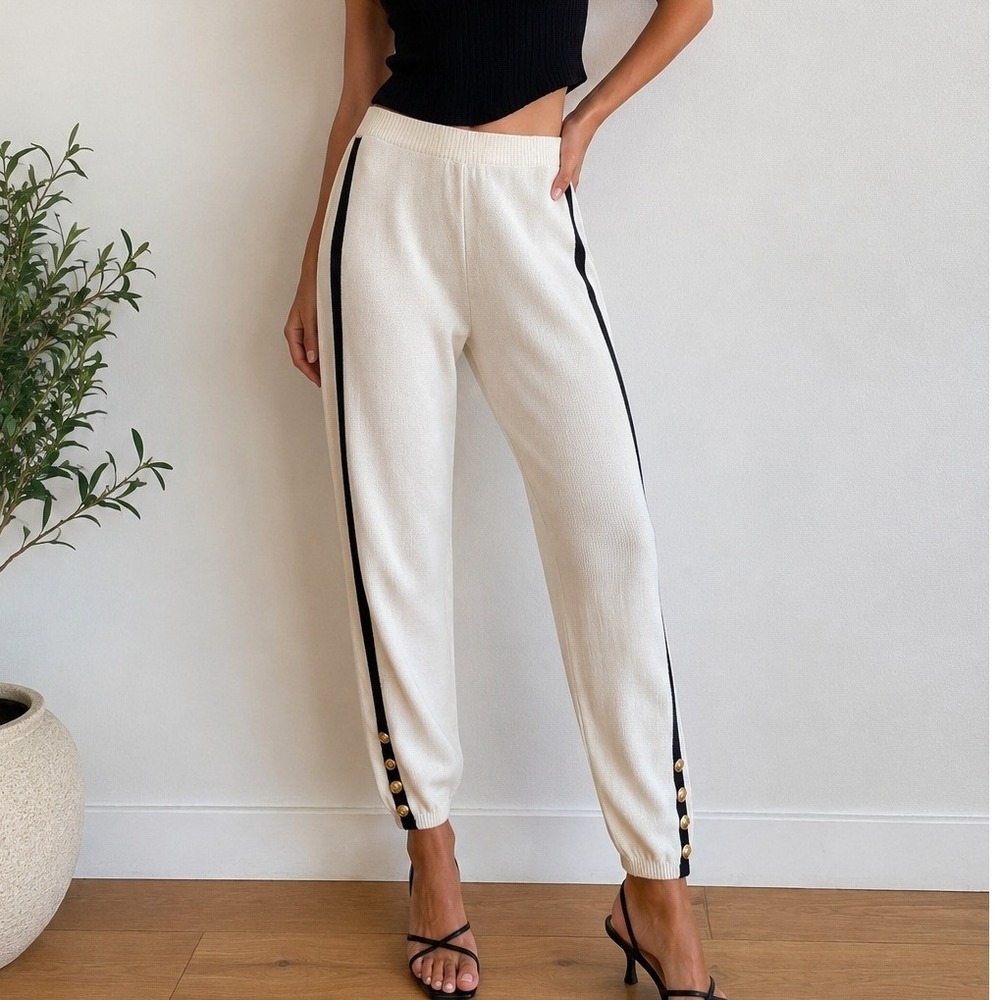 Vtg Michael Seroy Knit Jogger Pants Womens Sz M White Stripe Gold Buttons Ramie